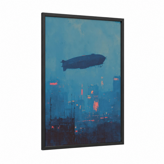 Neon Airship framed art print — black wood frame — blue and magenta palette