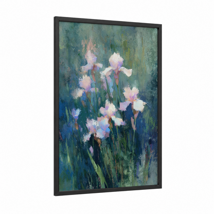 Lavender Iris Garden framed art print — black wood frame — lavender and blue and white palette