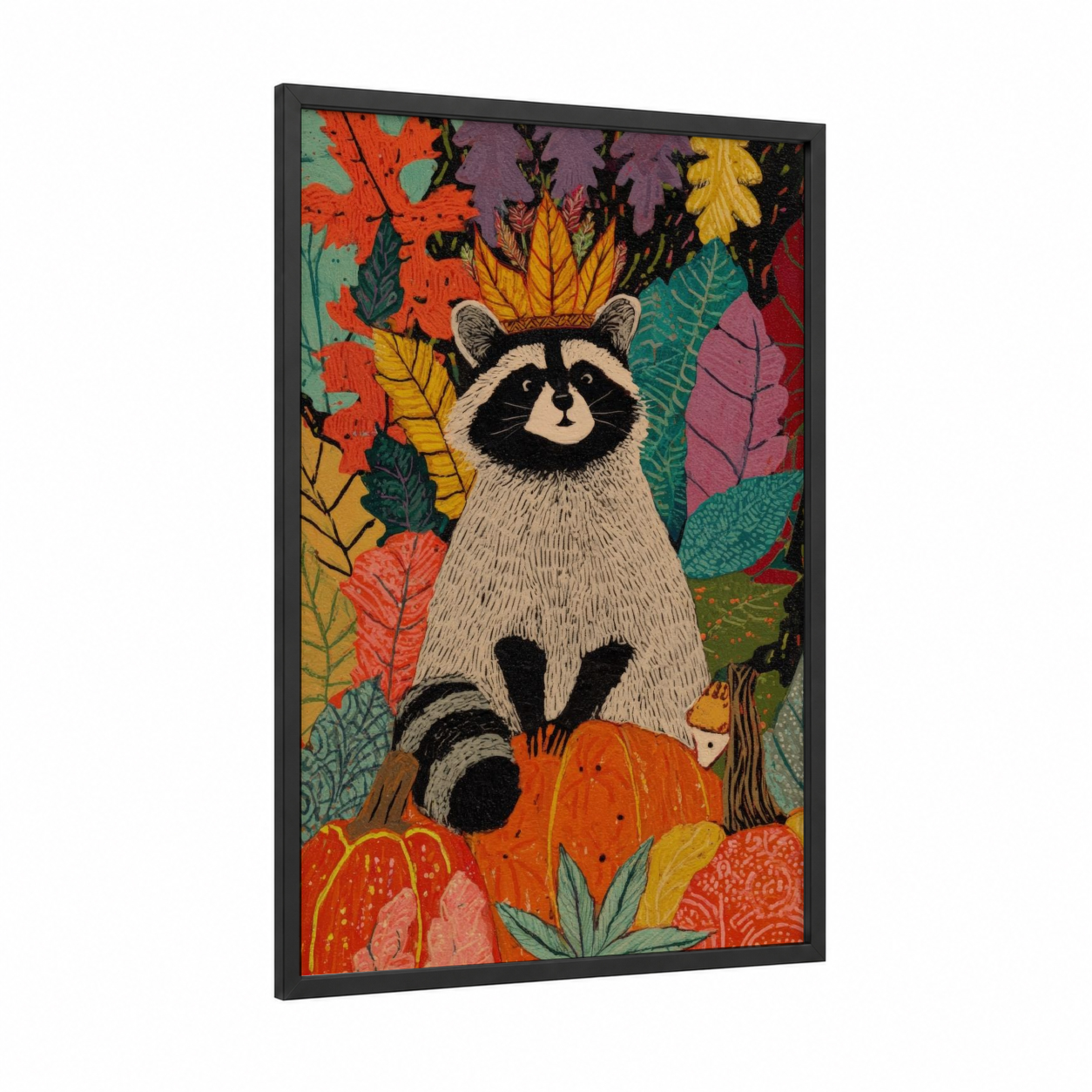 Autumn Raccoon framed art print — black wood frame — orange and teal palette