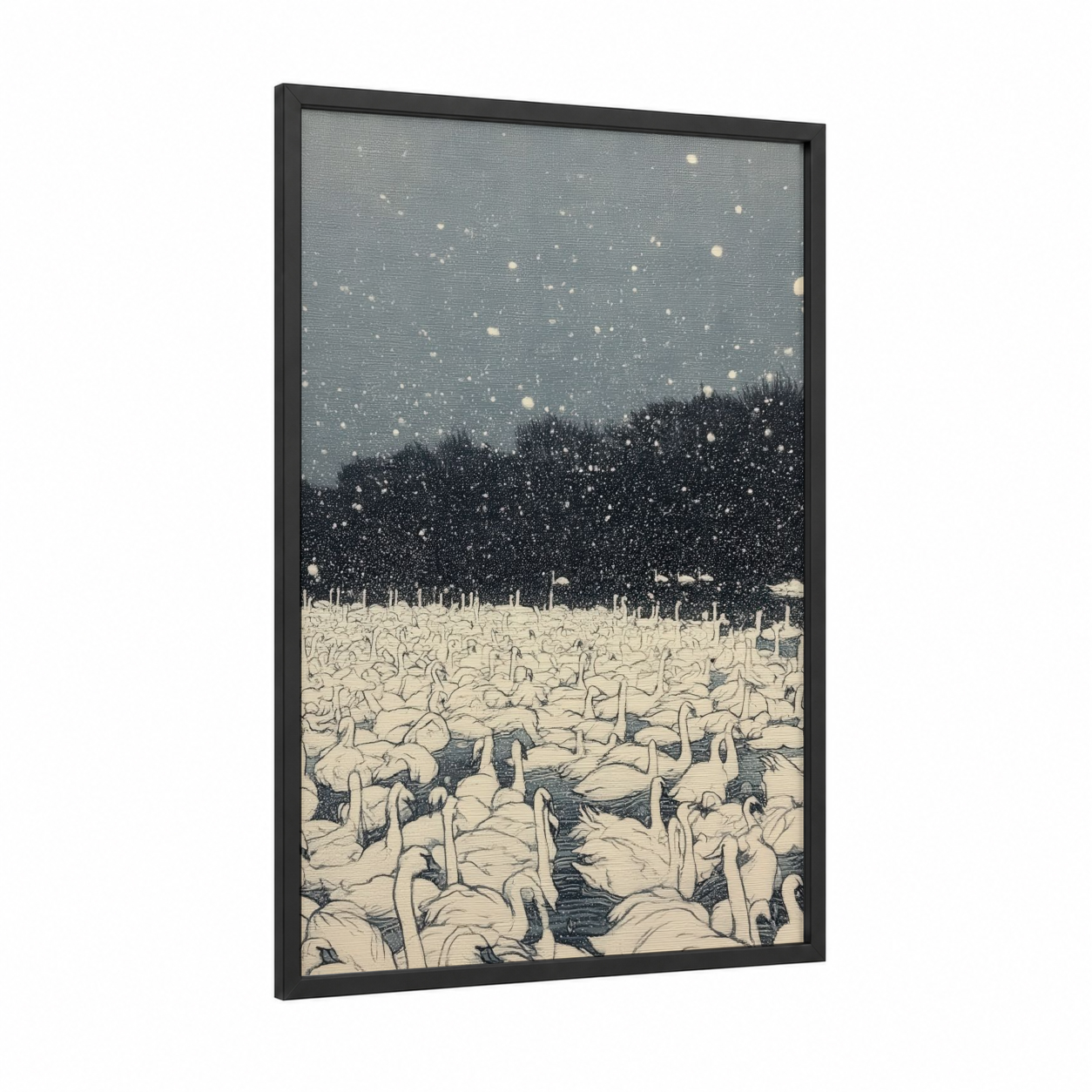 Snowy Swan Flock framed art print — black wood frame — gray and black and white palette