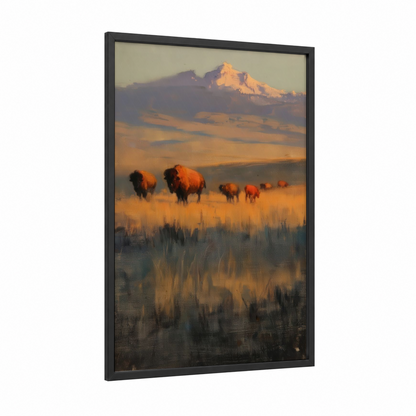 Golden Hour Bison framed art print — black wood frame — gold palette