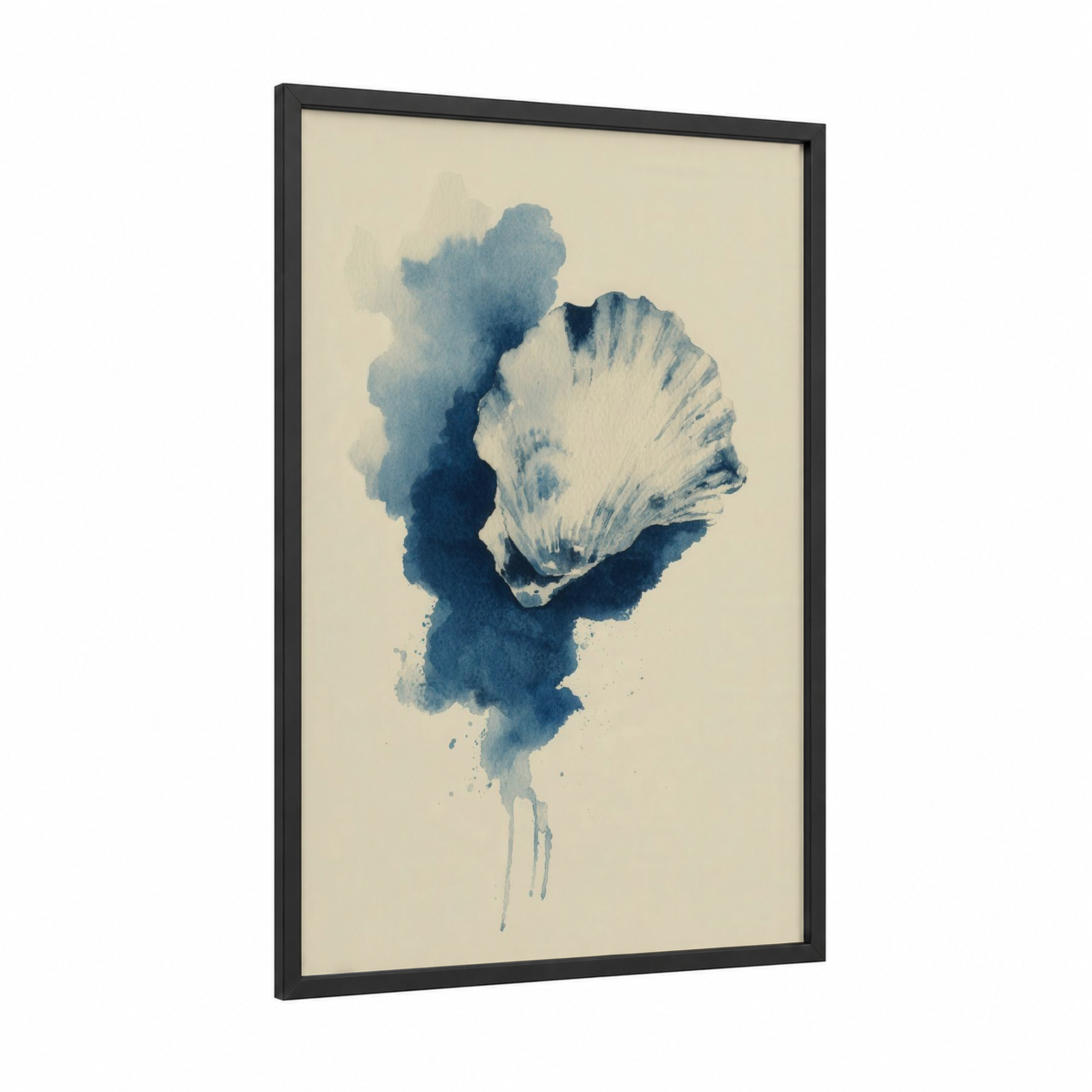 Indigo Oyster framed art print — black wood frame — blue and cream palette