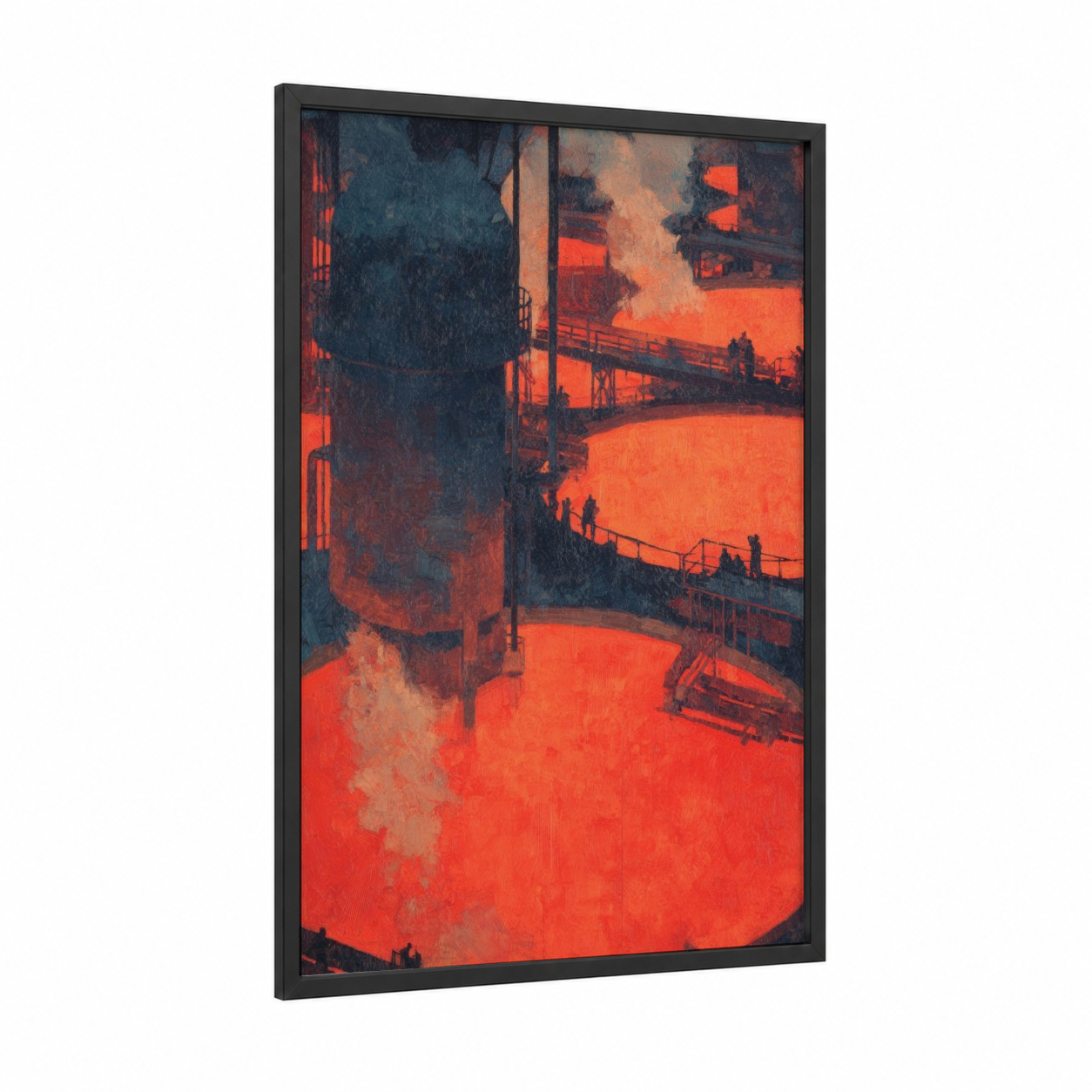 Molten Factory framed art print — black wood frame — red and black palette