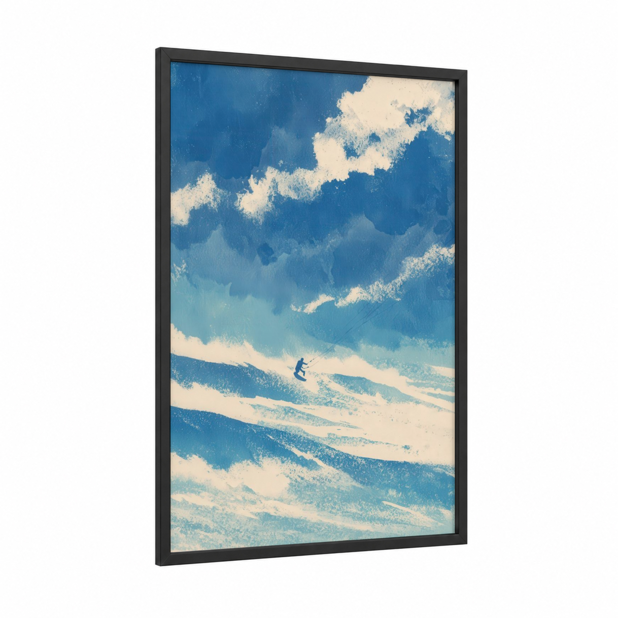 Sky Rider Kite framed kite surfing print — black wood frame — blue and cream palette