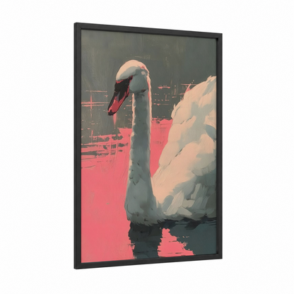 Crimson Swan framed art print — black wood frame — salmon pink and cream palette