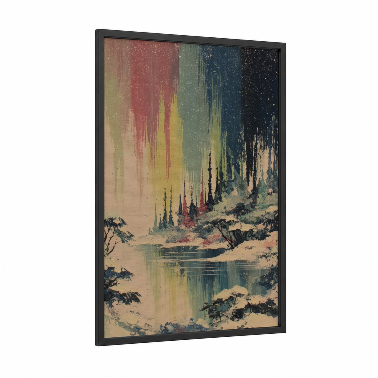 Aurora Forest framed northern lights print — black wood frame — gold and teal palette