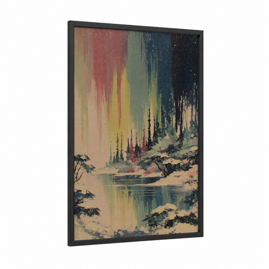 Aurora Forest framed northern lights print — black wood frame — gold and teal palette