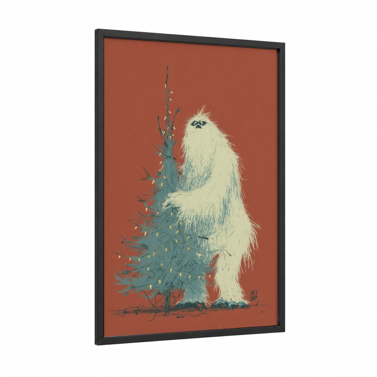Festive Yeti framed art print — black wood frame — russet and cream palette