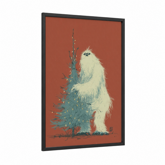 Festive Yeti framed art print — black wood frame — russet and cream palette