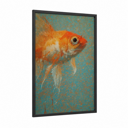 Golden Koi framed goldfish print — black wood frame — gold and teal palette