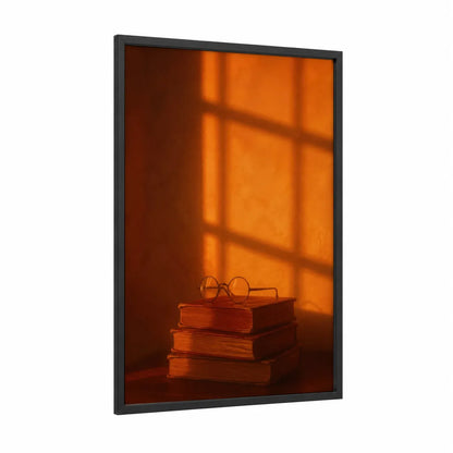 Vintage Books and Eyeglasses Wall Art framed reading print — black wood frame — orange and brown palette