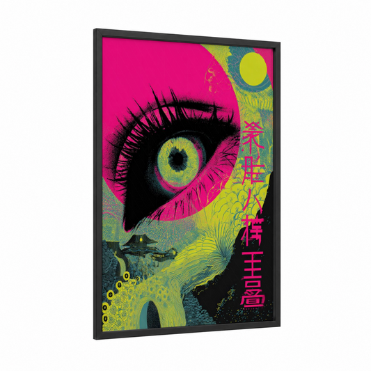Psychedelic Eye framed japanese psychedelic print — black wood frame — magenta and yellow gold palette