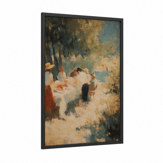 Seaside Gathering framed seafood print — black wood frame — gold and blue palette
