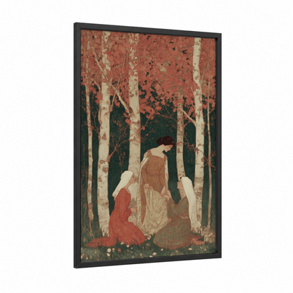 Forest Ritual framed wiccan print — black wood frame — russet and sage green palette