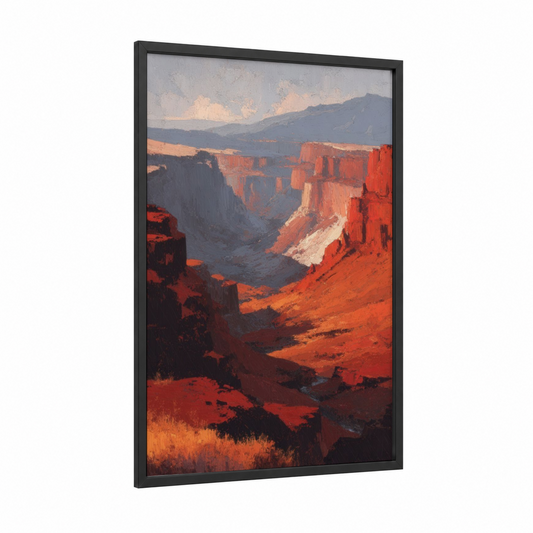 Desert Canyon Sunset framed art print — black wood frame — russet and orange palette