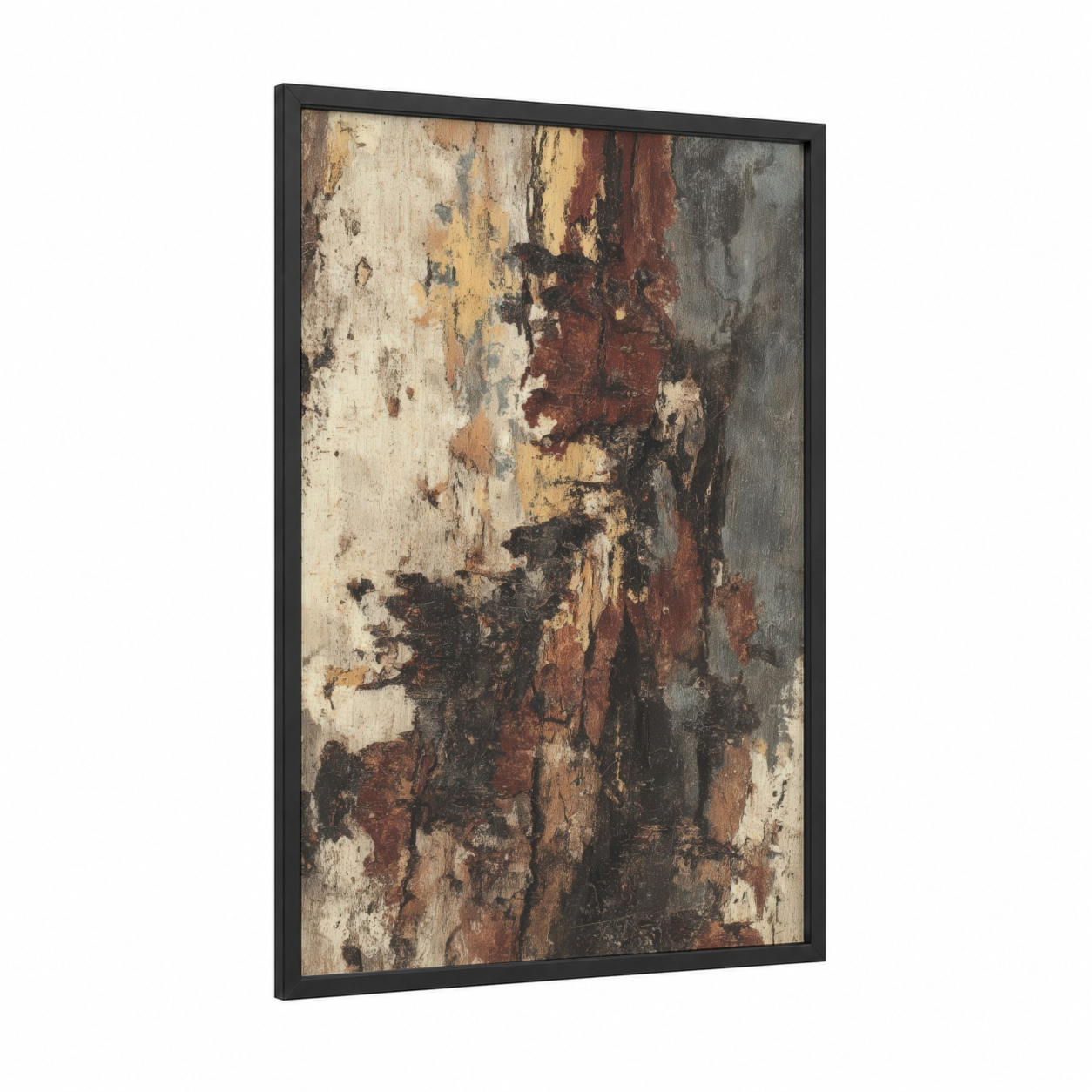 Weathered Kauri framed kauri tree print — black wood frame — russet and beige palette
