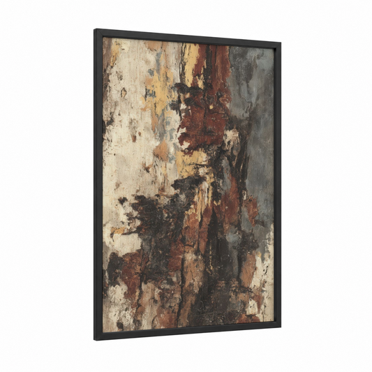 Weathered Kauri framed kauri tree print — black wood frame — russet and beige palette