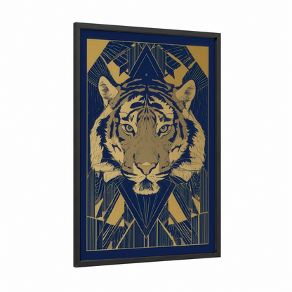 Golden Tiger Majesty framed art print — black wood frame — gold and dark blue palette