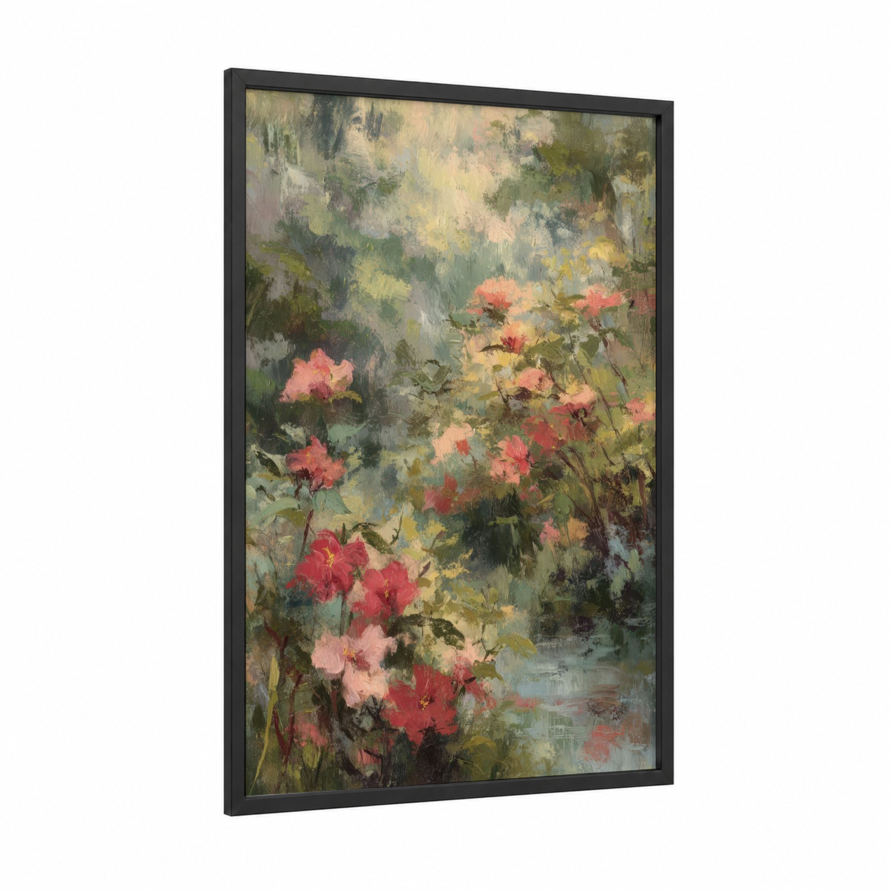 Romantic Hibiscus Garden framed art print — black wood frame — salmon pink and sage green palette
