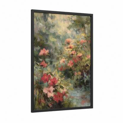 Romantic Hibiscus Garden framed art print — black wood frame — salmon pink and sage green palette