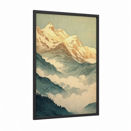 Alpine Peaks framed himalayas print — black wood frame — cream and sage green palette
