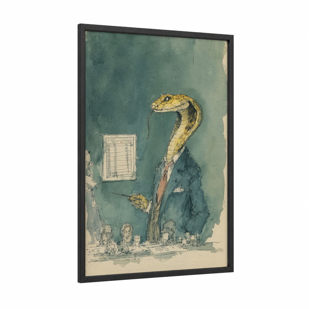Business Cobra framed art print — black wood frame — sage green and yellow gold palette