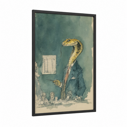 Business Cobra framed art print — black wood frame — sage green and yellow gold palette