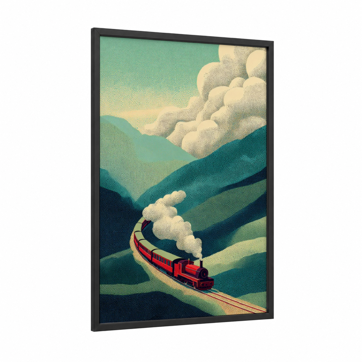 Mountain Express Train framed art print — black wood frame — teal and cream palette