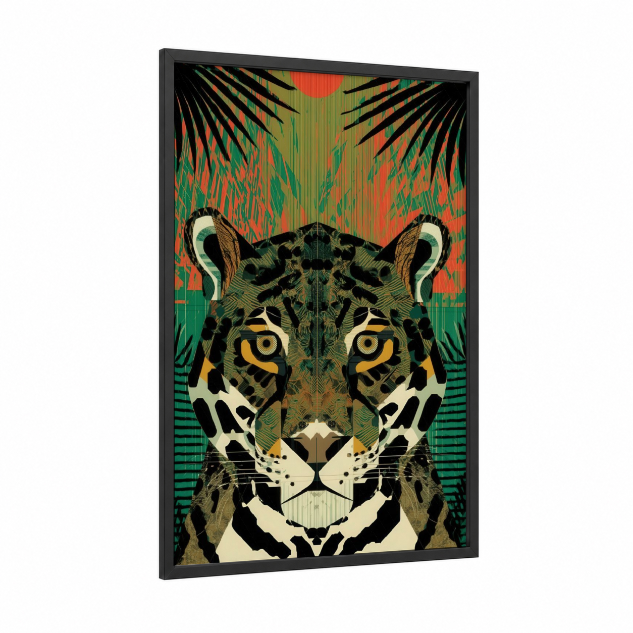 Golden Jaguar framed art print — black wood frame — gold and green palette