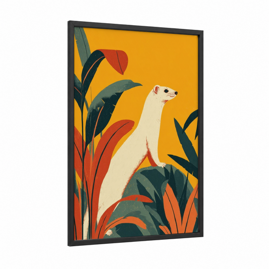 Golden Weasel framed art print — black wood frame — gold and dark green palette