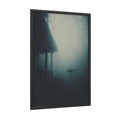 Underwater Blue Shark framed art print — black wood frame — dark blue and gray and white palette
