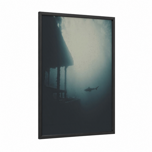 Underwater Blue Shark framed art print — black wood frame — dark blue and gray and white palette