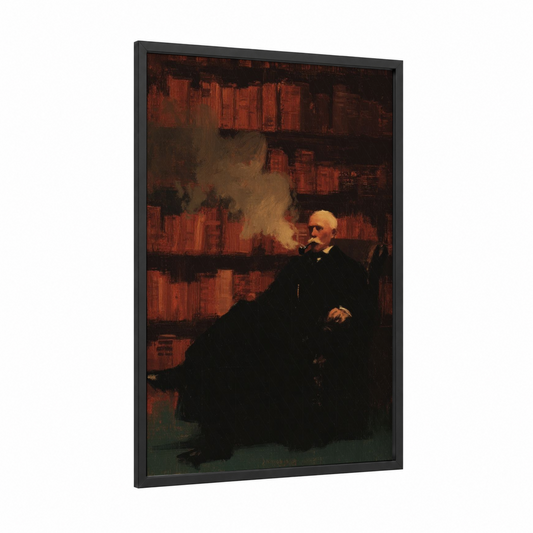 Contemplative Smoker framed art print — black wood frame — russet and black palette