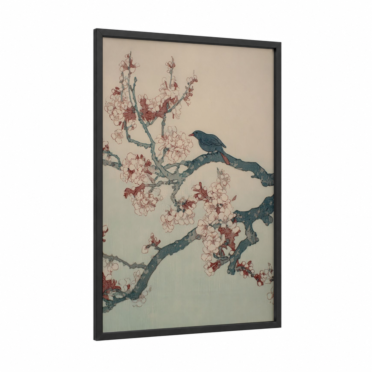 Cherry Blossom Perch framed baobab tree print — black wood frame — beige and maroon palette