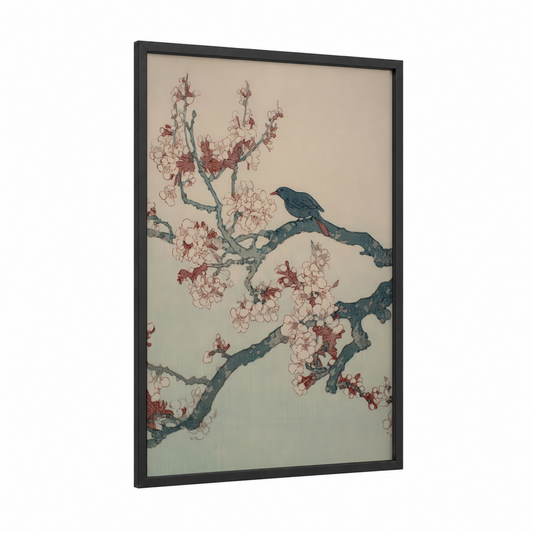 Cherry Blossom Perch framed baobab tree print — black wood frame — beige and maroon palette