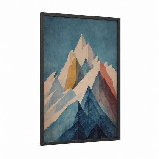 Alpine Peaks framed snowy mountains print — black wood frame — blue and cream palette
