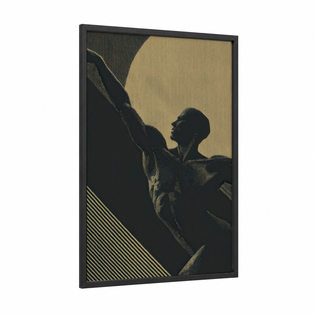 Sculpted Strength framed bodybuilding print — black wood frame — black and gold palette