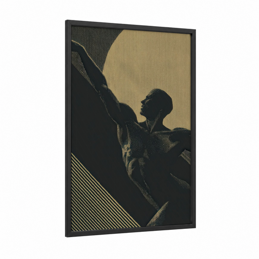 Sculpted Strength framed bodybuilding print — black wood frame — black and gold palette