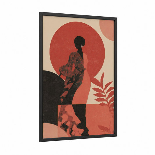Crimson Flamenco framed art print — black wood frame — red and black palette