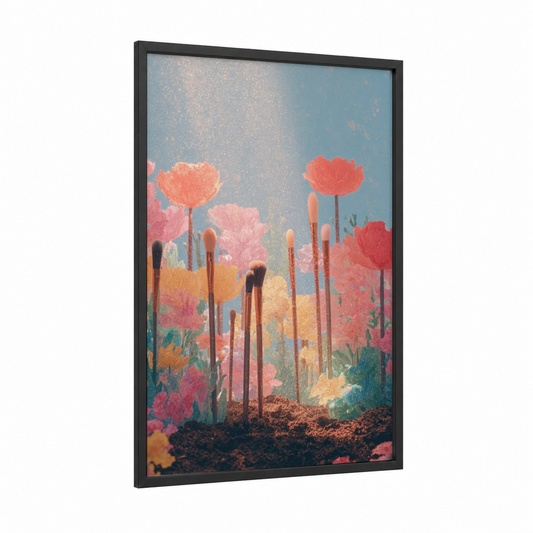 Paintbrush Garden framed make up print — black wood frame — salmon pink and blue palette