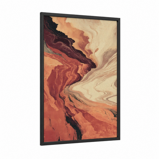 Crimson Canyon Abstract framed natural stones print — black wood frame — maroon and russet palette