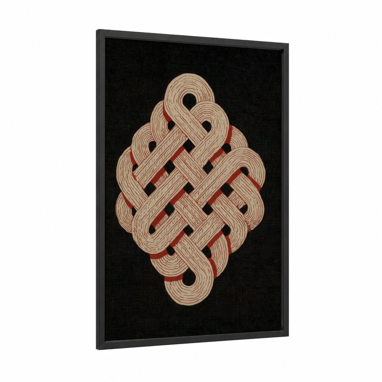 Endless Knot framed rope knots print — black wood frame — cream and black and red palette
