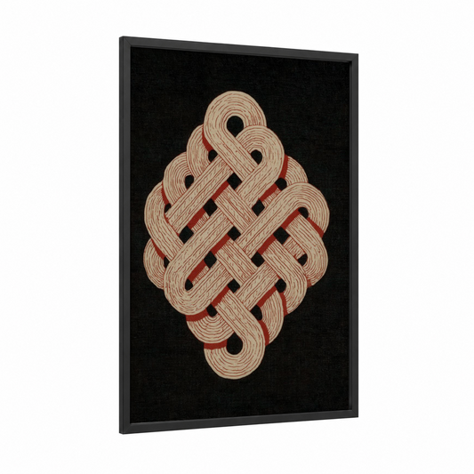 Endless Knot framed rope knots print — black wood frame — cream and black and red palette
