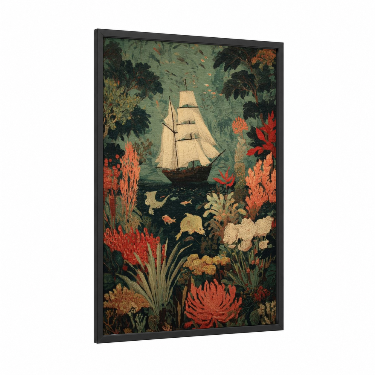 Coral Seas Sailing Ship framed art print — black wood frame — teal and orange palette