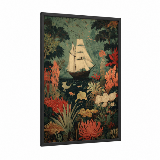 Coral Seas Sailing Ship framed art print — black wood frame — teal and orange palette