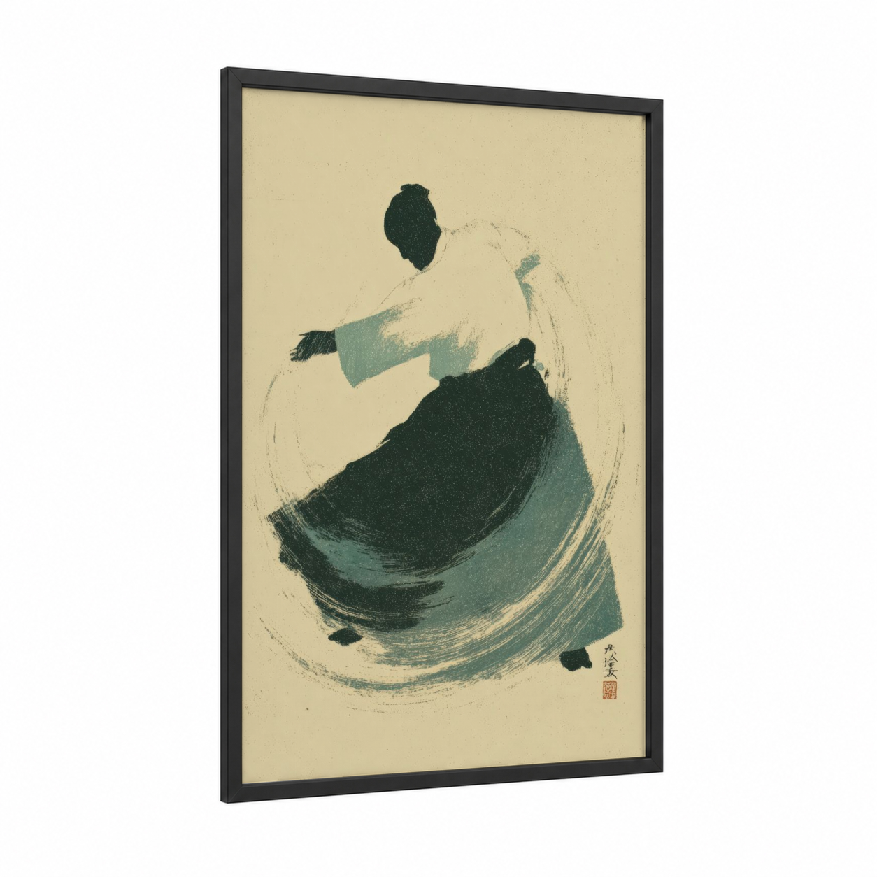 Spinning Judoka framed jiu jutsu print — black wood frame — teal and cream palette