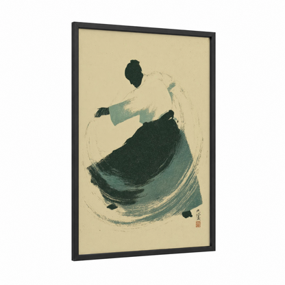 Spinning Judoka framed jiu jutsu print — black wood frame — teal and cream palette