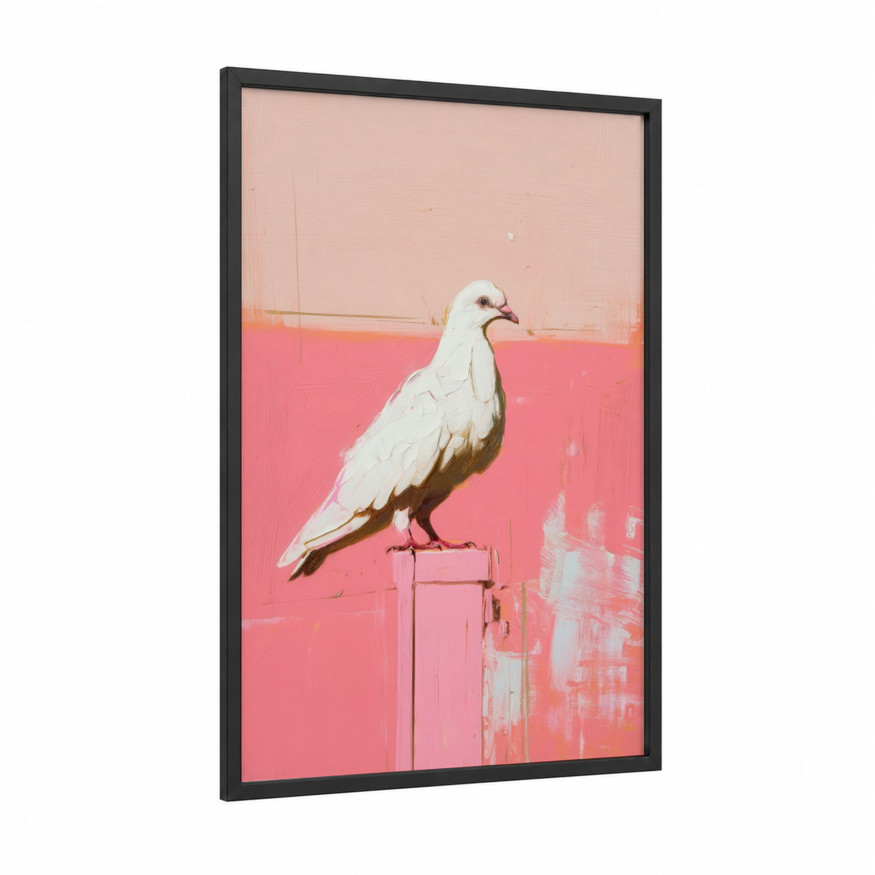 Pink Perch Pigeon framed art print — black wood frame — pink and white palette