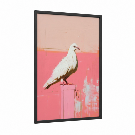 Pink Perch Pigeon framed art print — black wood frame — pink and white palette