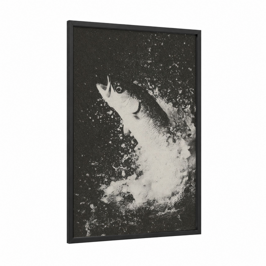 Splashing Snook framed art print — black wood frame — black and white palette